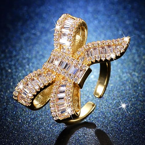 Sparkly Rhinestone Bow Rings for Women Adjustable Cocktail Statement Finge Ring Pave Crystal Bow Open Ring Promise Engagement Wedding Party Jewelry - style: Gold