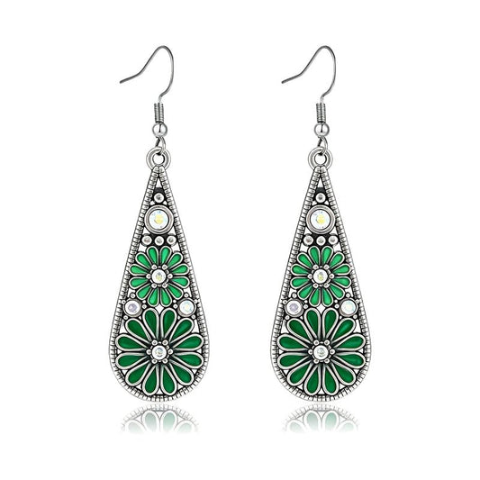 MALOYANVE Bohemian Crystal Teardrop Earrings for Women Vintage Tribal Geometric Enamel Rhinestone Hollow Flower Earring Handmade National Statement Jewelry Gift - color: Cyan Silver