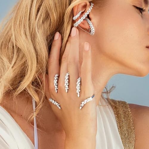 Elegant Leaves Open Palm Bracelet Adjustable Wedding Three Finger Ring Cuff Cubic Zircon Hand Bangle for Women Silver