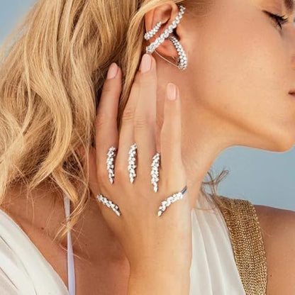 Elegant Leaves Open Palm Bracelet Adjustable Wedding Three Finger Ring Cuff Cubic Zircon Hand Bangle for Women Silver