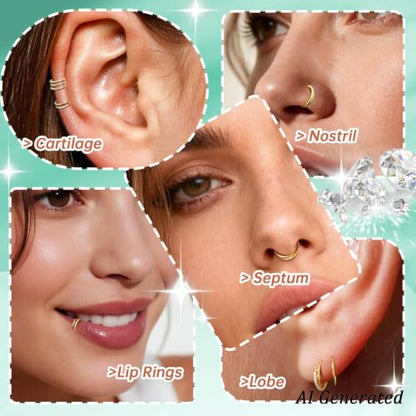 davka Nose Ring Set, 18G Hinged Hoop 8mm & 20G Nose Studs, Stainless Steel & Gold Plated, Hypoallergenic, Multiple Styles Nose Piercing Jewelry - color: Gold/3Pcs Hoops/18gauge 8mm/Set A