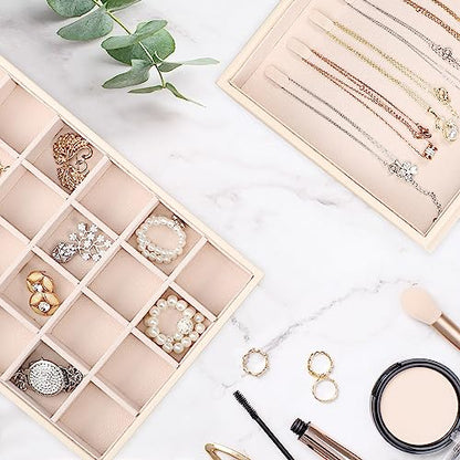 Voova Stackable Jewelry Organizer Tray with Lid (Set of 4, Apricot) | Stackable PU leather jewelry trays with drawer inserts for earrings, rings, necklaces, bracelets and watches; set of 4 - color: Apricot