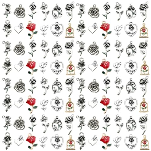 Sailanzi 96pcs Alloy Ancient Silver Rose Series Pendant Jewelry Making DIY Keychain Earrings Pendant Various Design Charms for Jewelry Making Bracelets Necklace (SN439) - color: SN439