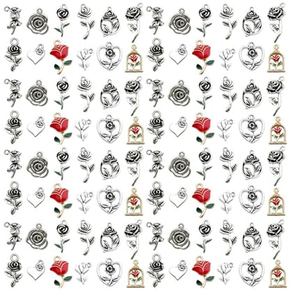 Sailanzi 96pcs Alloy Ancient Silver Rose Series Pendant Jewelry Making DIY Keychain Earrings Pendant Various Design Charms for Jewelry Making Bracelets Necklace (SN439) - color: SN439