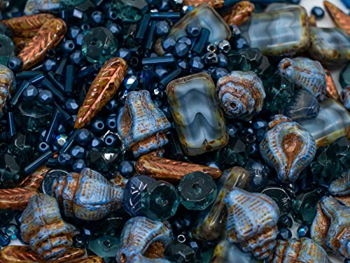 2.1oz (60 g) Mix of Unique Czech Bohemia Glass Pressed Beads, Dark Blue, Table Cut, Matte and Glossy, Faceted Fire Polish, Hand Made Set Kit BCV - color: Dark Blue Copper