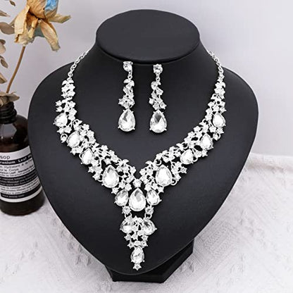 CSY Elegant Crystal Costume Jewelry Sets Flower Bridal Necklace Earrings Stretch Bangle Set for Bride Bridesmaid Wedding Dress Accessories - color: white crystal-silver tone