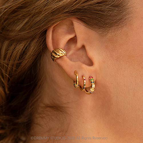Dremmy Studios Dainty CZ Huggie Hoop Earrings 14K Gold Plated Chunky Simple Cute Thick Round Frill Bead Ball Starburst Cuff Earrings Cubic Zirconia Hoop Earrings Minimalist Personalized Gift for Her - color: Rainbow C