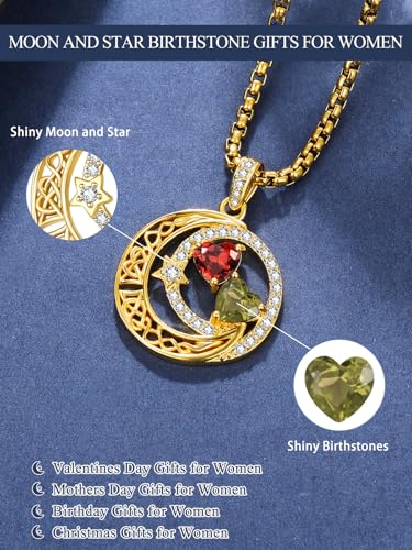 14K Gold Moon and Star Double Birthstone Necklace Gifts for Women | 2 Heart Birthstone Necklace,Mothers Day Wedding Anniversary Birthday Gifts for Wife Mom Daughter Grandma Sister - color: 01-08-Jan-Aug Birthstone