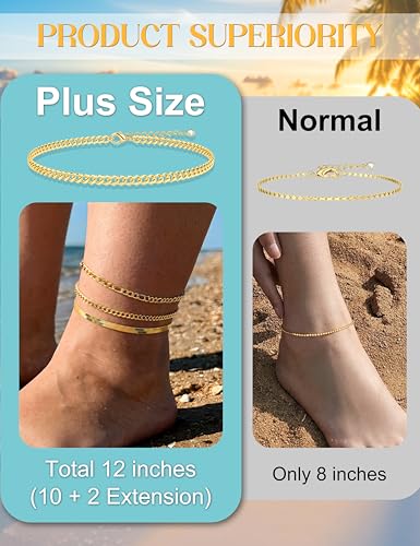Besteel Ankle Bracelets for Women Waterproof 14K Gold Plated Anklets Set | Non Tarnish Stainless Steel, Plus Size Adjustable 8-12 Inch, Hypoallergenic Layered Cuban Link Chain Summer Foot Jewelry Gift - style: 4 Pcs Gold Cuban-10+2 Inch