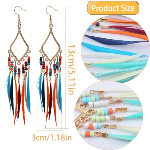 3 Pairs Bohemian Long Feather Tassel Earrings, Handmade Multicolor Seed Beads Fringe Dangle Drop Earrings Retro Statement Jewelry Gifts for Women