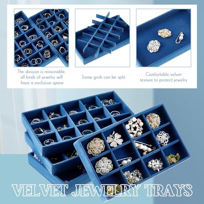 12 Pcs Jewelry Tray Velvet Stackable Jewelry Organizer Trays Divided Earring Accessories Storage Containers Box (Rose Red) - color: Peacock Blue