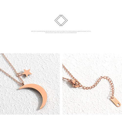 Black Crystal Cubic Zirconia Star Moon Crescent Pendant Necklace for Women | Rose Gold Plated Stainless Steel Crescent Moon Jewelry
