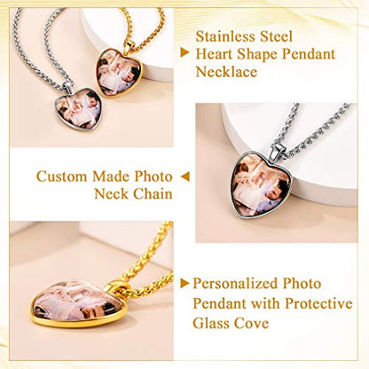 Custom4U Personalized Photo Necklace - Custom Heart/Oval/Round Charm Necklaces with Picture + Chain Adjustable - Stainless Steel/Acrylic Pendant Memorial Jewelry Christmas Gifts for Women - color: B-Gold Color