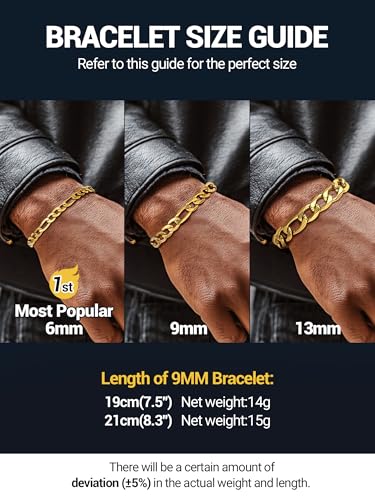 PROSTEEL Bracelets for Men, Figaro/Cuban Mens Bracelet, Silver/Gold/Black | 6/9/13mm Width, 7.5/8.3/9" Length, Stainless Steel Mens Bracelet, Durable & Non Tarnish, Chunky Jewelry with Gift Box - style: B 9mm-Figaro-Gold