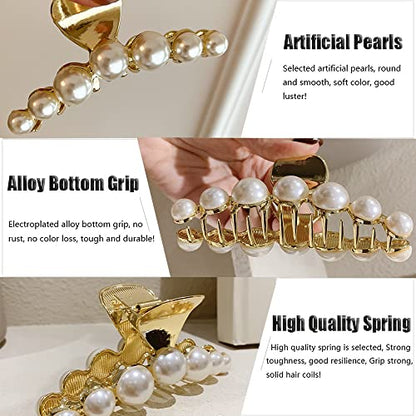 Hair Clip, Large Pearl Gold Metal Hair Claw Clips, Nonslip Hair Accessories for Thick Long Hair, Birthday Gift for Women, Girls, Daughters, Girlfriends - color: Big Pearl
