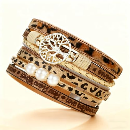Leather Wrap Bracelets for Women, Boho Leopard Multi-Layer Crystal Beads Cuff Jewelry - color: J-Warp-001
