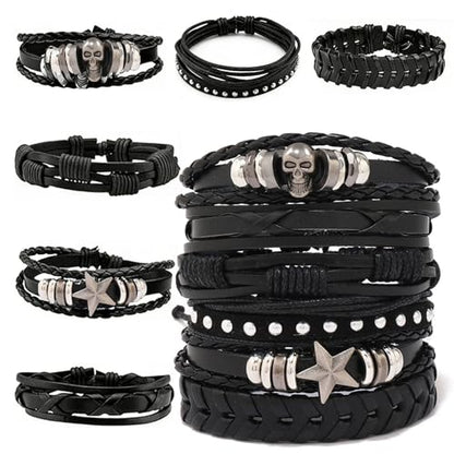 6 Pcs Goth Punk Bracelets Studded Faux Leather Cuff Adjustable Alt Wristband for Women Men Gothic Rock Biker Jewelry Set