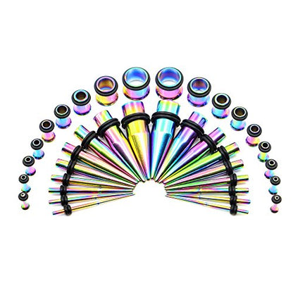 36 Pieces Ear Gauges Stretching Kit Taper Stainless Steel Single Flare Tunnel Plugs Eyelet 14G-00G and 36 pcs O-Ring Extra Set - style: Rainbow 36 pieces