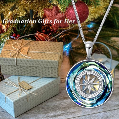 AOBOCO 2026 Graduation Gifts 925 Sterling Silver Compass Pendant Necklace High School College Graduation Jewelry Gifts for Women Daughter - style: Pendant, Silver (White Gold Plated), Blue Crystal, Compass Design
