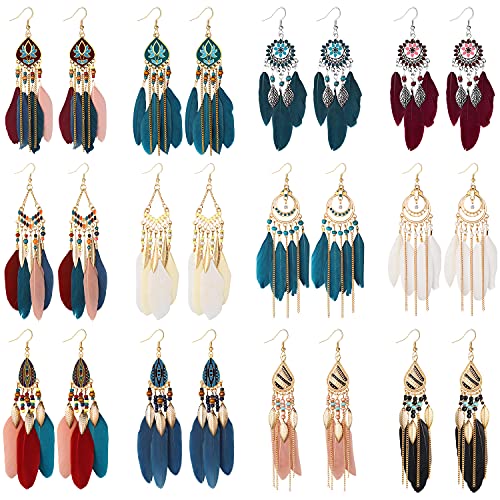 12 Pairs Women Feather Earrings Vintage Bohemian Earrings Long Drop Dangle Earrings Set With Dream Catcher Design - style: style2-12pairs