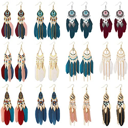12 Pairs Women Feather Earrings Vintage Bohemian Earrings Long Drop Dangle Earrings Set With Dream Catcher Design - style: style2-12pairs