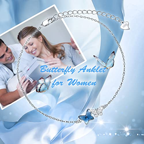 925 Sterling Silver Anklet Foot Bracelet with Crystal from Austria, Anklet Jewelry Gifts for Women 11 Inch Adjustable - style: C-Butterfly