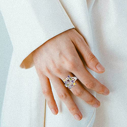 Multi Square Cubic Zrionias Crystal Ring,Platinum Plated Crystal Cocktail Party Ring for Women