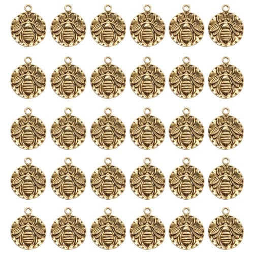 0.78’’ Coin Bee Charms, 30 Pcs Coin Bee Charms Alloy Double-Sided Printed Charm Retro Bee Accessories Jewelry for Girls Women Jewelry Making - color: Gold