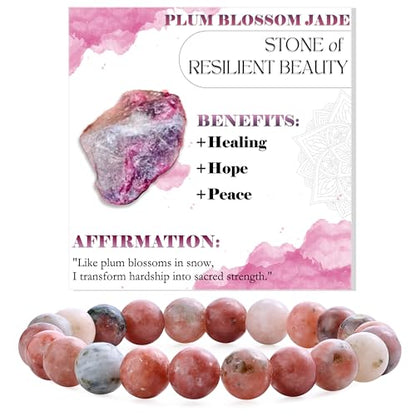Bivei 8mm Beaded Bracelets for Women Handmade Semi Precious Natural Stone Stretch Elastic Jewelry Yoga Protection Gifts - color: Plum Blossom Jade-Hope & renascence, size: Medium 6.8-7.3 inch