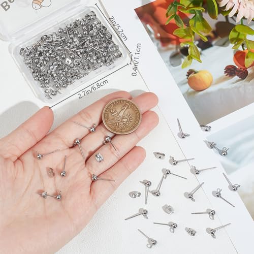 Beebeecraft 100Pcs Stainless Steel Ball Stud Earring Findings 4mm Ball | Non Tarnish, Ball Earrings Posts with Loop, 100Pcs Ear Nut, Metal Earring Components for Jewelry Making - color: Stainless Steel Color