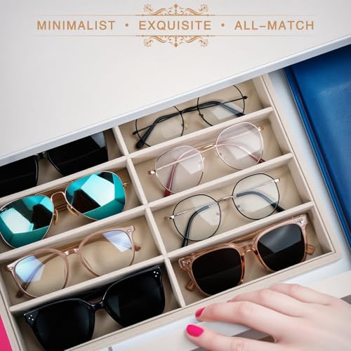 Emibele Sunglass Organizer Jewelry Tray, 8 Grids Velvet Glasses Watch Storage Stackable Tray, Eyeglasses Jewelry Showcase Display Organizer，Beige - style: B1- eight Grids-Beige