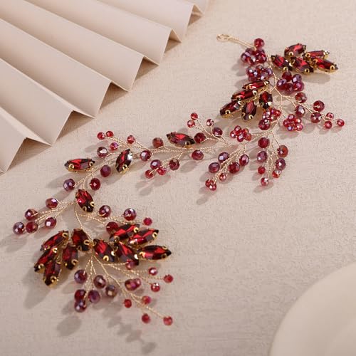 Teyglen Wine Red Rhinestone Wedding Headband Bridal Crystal Flower Hair Vine Handmade Burgundy Crystal Headpiece for Bride Hair Accessories for Women Head Piece(Wine Red) - color: Wine Red