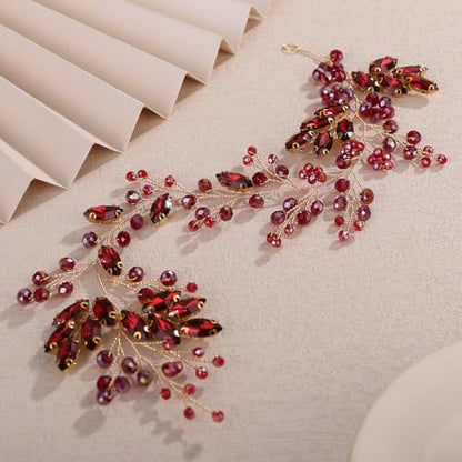 Teyglen Wine Red Rhinestone Wedding Headband Bridal Crystal Flower Hair Vine Handmade Burgundy Crystal Headpiece for Bride Hair Accessories for Women Head Piece(Wine Red) - color: Wine Red