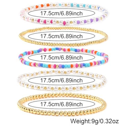 14K Gold Plated Beaded Bracelets Stack Set for Women,Stretch Boho Ball Jewelry Friendship Trendy - color: Colorful