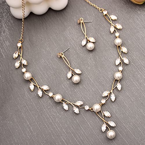 Luxury Cubic Zirconia Aurtrian Crystal Pearl Floral Necklace Dangle Earrings Wedding Bridal Jewelry Set Birthday Gifts for Her - color: Style2-Clear-Gold Plated