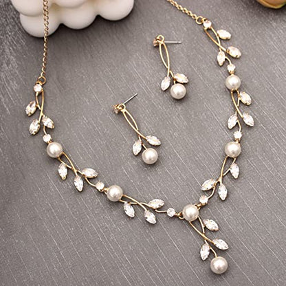 Luxury Cubic Zirconia Aurtrian Crystal Pearl Floral Necklace Dangle Earrings Wedding Bridal Jewelry Set Birthday Gifts for Her - color: Style2-Clear-Gold Plated