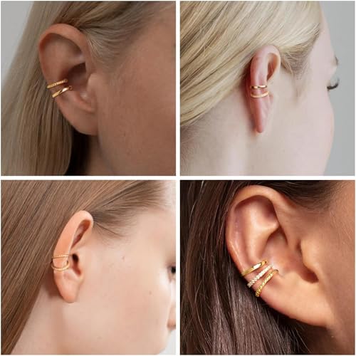 Gold Ear Cuffs Earrings for Women Non Piercing Clip on Cartilage Earrings | Trendy Gold Ear Cuff,Cartilage Clip on Earrings,Thin Huggie Hoop CZ Earring Set ,Fashion Jewelry,Non Tarnish,Gift - style: 3pc cz-gd