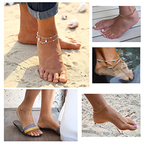 Softones 16Pcs Ankle Bracelets for Women Gold Silver Two Style Chain Beach Anklet Bracelet Jewelry Anklet Set,Adjustable Size - color: A:Silver
