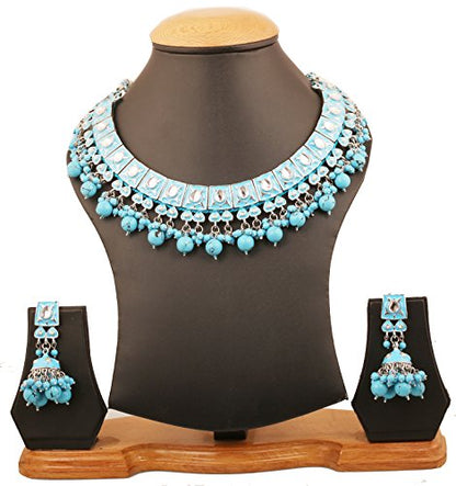 Touchstone Indian Bollywood Traditional Craftsmanship Mughal Designer Jewelry Wedding Necklace Set in Antique Gold Or White Tone for Women. - style: D001 Turquoise