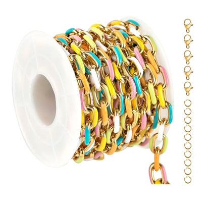UMAOKANG 2 Yard Gold Plated Stainless Steel Chain Bulk for Jewelry Making | Colorful Enamel Paperclip Chain Roll Chunky Paper Clip Link Chain with Jump Rings and Lobster Clasps - color: Light Colorful