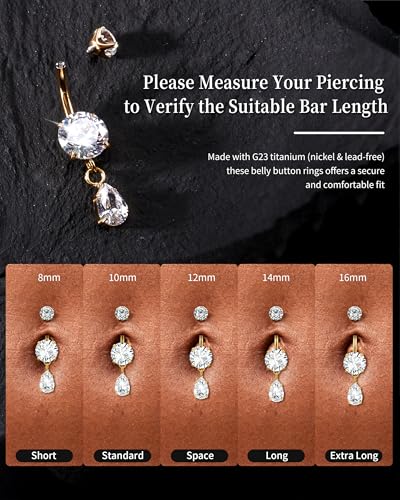 G23 Titanium Dangle 14G Belly Button Rings Sparkling CZ Navel Rings Belly Piercing Jewelry Teardrop Dangling Belly Rings Gold/Silver - color: Gold, size: 12MM