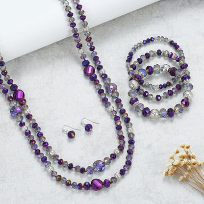 Trendy Infinity Wrap 60’’ Long Statement Necklace, Earrings and Bracelet Set - Hand Knotted Versatile Crystal and Shell Beads Strand Necklace and Chunky Beaded Stretch Bracelet Stack – Jewelry Set Gift for Women - color: Sparkly Purple/Crystal Purple Mix