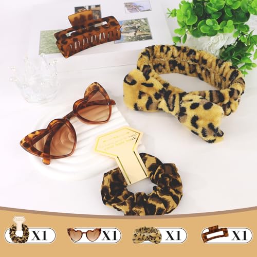 Semato 4 Pcs Leopard Bridesmaid Proposal Gifts Bridesmaid Spa Headband, Hair Claw Clips, Heart Shaped Sunglasses and Smooth Satin Scrunchies - color: Leopard