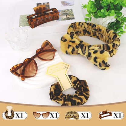 Semato 4 Pcs Leopard Bridesmaid Proposal Gifts Bridesmaid Spa Headband, Hair Claw Clips, Heart Shaped Sunglasses and Smooth Satin Scrunchies - color: Leopard