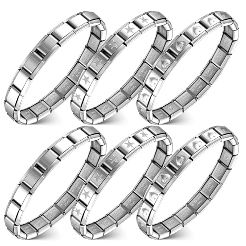 Huquary 6 Pcs Italian Charm Bracelets Shiny 9mm Starter 18 Links Stainless Steel Italian Bracelet Modular Links - color: silver