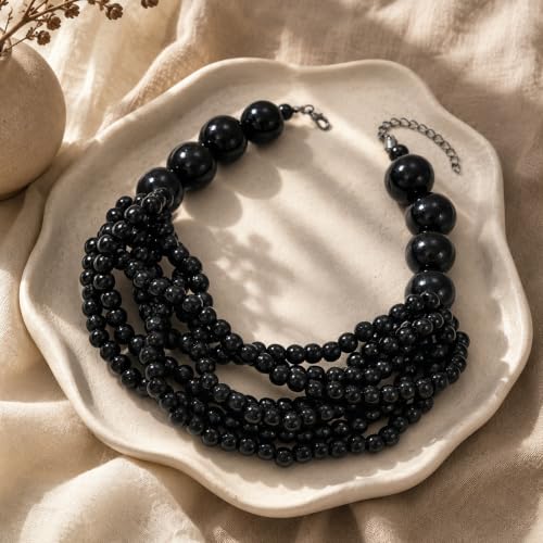 Handmade Layered Wood Bead Necklace for Women - Chunky African Statement Necklace, Natural Khaki Beaded Jewelry, Hypoallergenic & Skin-Safe for Sensitive Skin, Boho Rainbow Inspired Chunky Collar Necklace - color: Black
