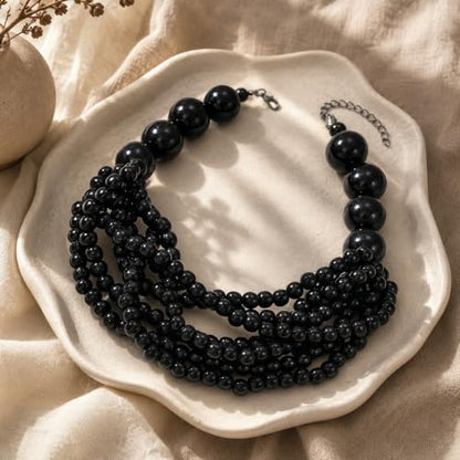Handmade Layered Wood Bead Necklace for Women - Chunky African Statement Necklace, Natural Khaki Beaded Jewelry, Hypoallergenic & Skin-Safe for Sensitive Skin, Boho Rainbow Inspired Chunky Collar Necklace - color: Black