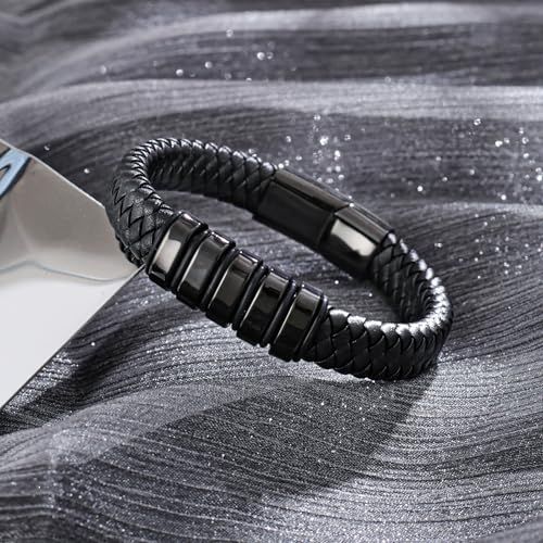 Stainless Steel Mens Bracelets - Black Leather Punk Cuff Jewelry - color: Black plated