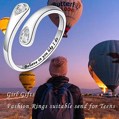 Fookduoduo 925 Sterling Silver Ring Inspirational Jewelry adjustable Wrap Open Rings for Women - style: Believe in you like I do, style 2