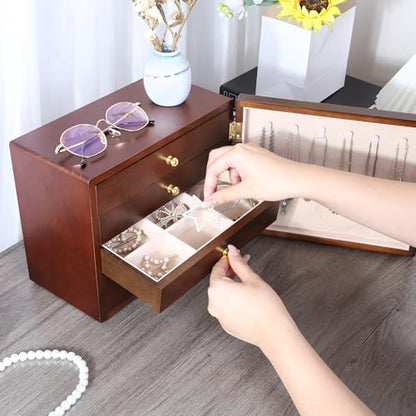 Kendal Wooden Jewelry Box for Women, Wooden Jewelry Organizer, 4-Layer Jewelry Organizer Box with Side Door, Single Door Jewelry Holder Organizer for Earrings, Necklaces, Rings